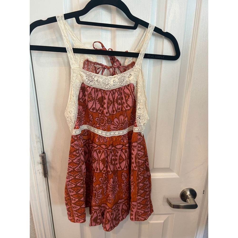 Urban Outfitters Romper Pink Orange Floral‎ Lace Trim Boho Festival Summer S